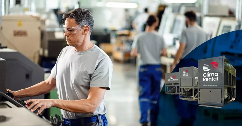 Climatización temporal en planta de producción industrial con equipos de aire acondicionado y calefacción sin obras.